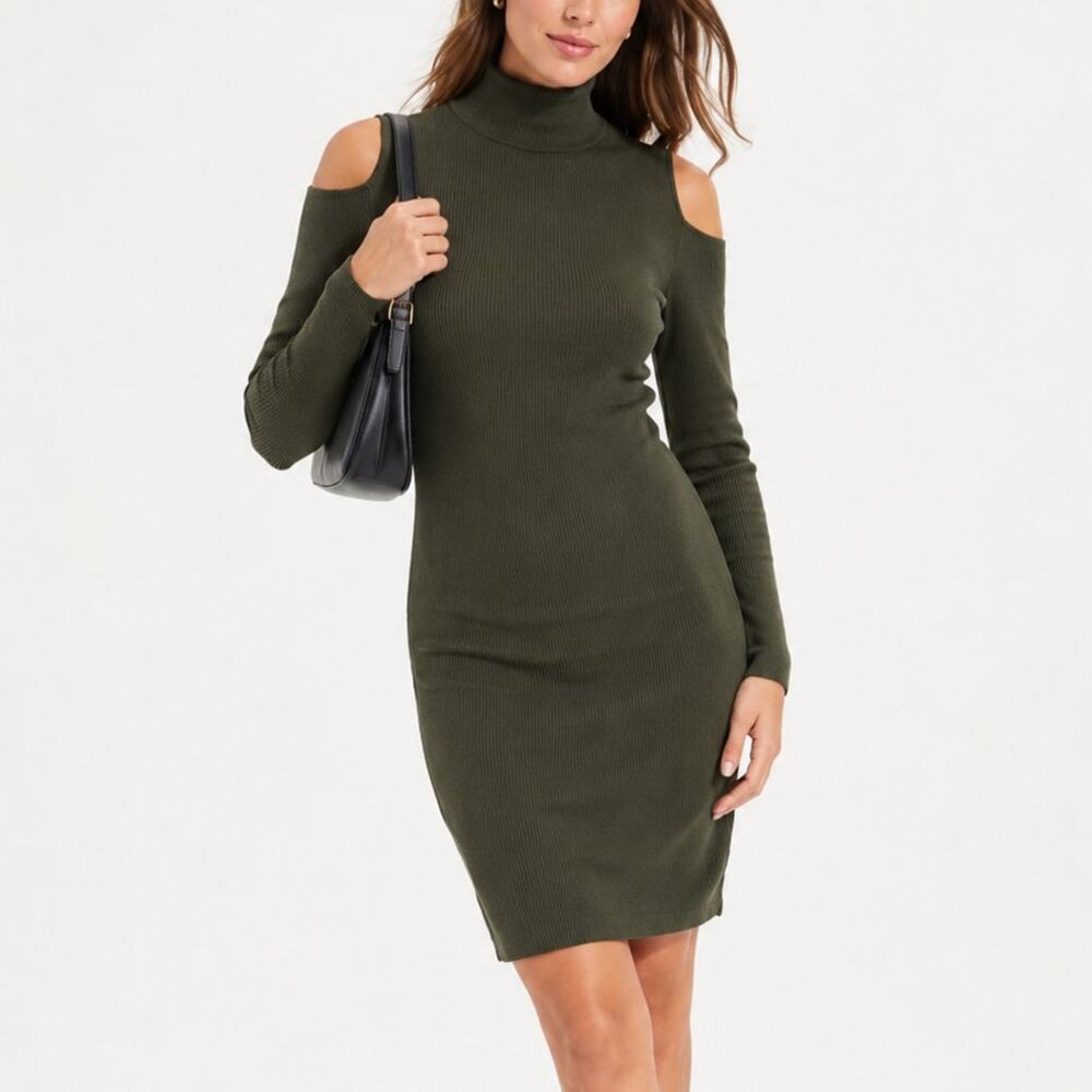 Oak + Fort Ribbed Cold Shoulder Bodycon Sweater Dress Green Size S